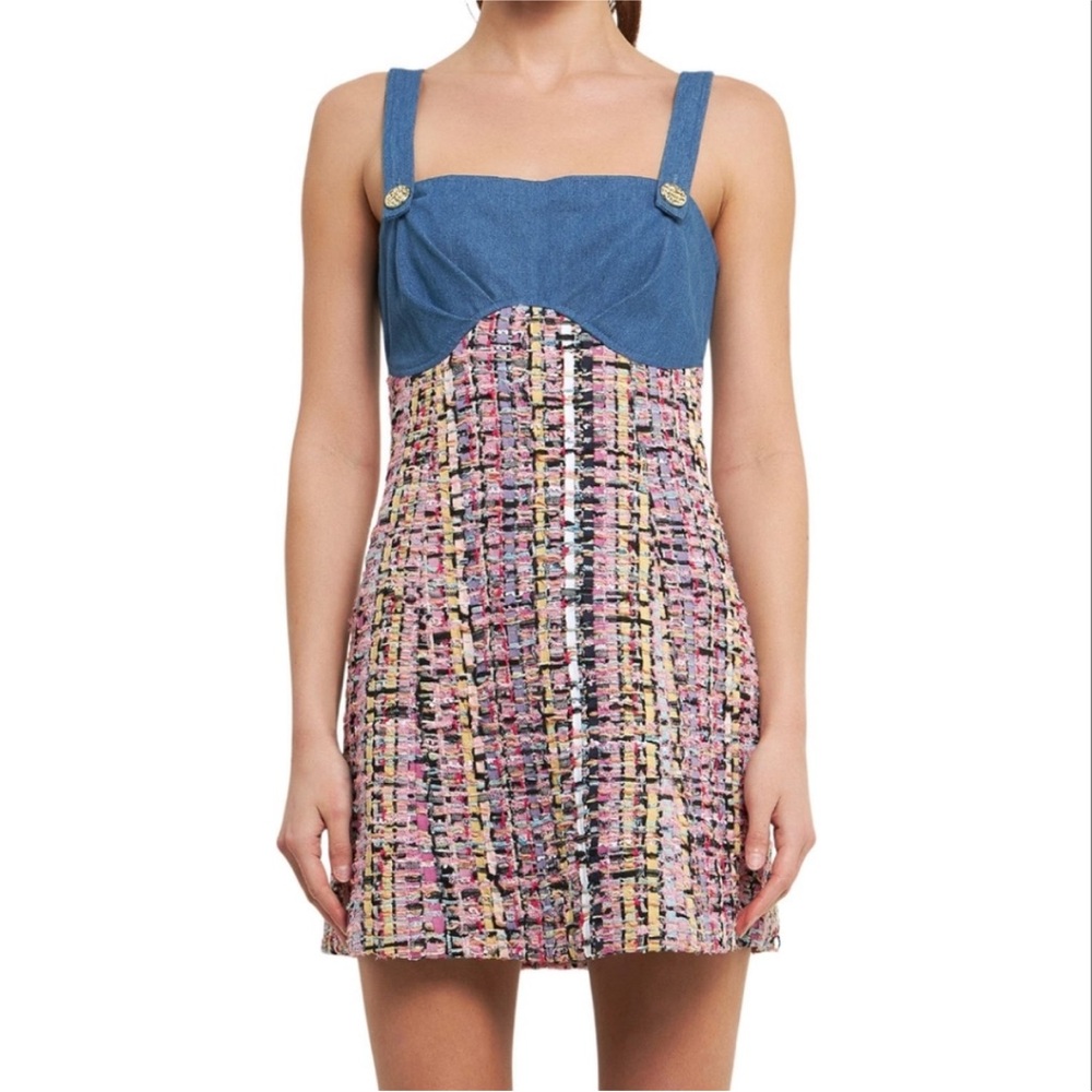 New Endless Rose Multicolor Tweed Dress and Chambray Mini Dress Size M